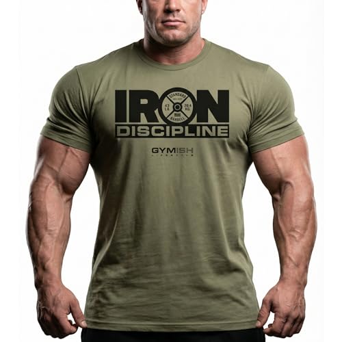Gymish Lifestyle Strength Training Workout T-Shirt Iron Discipline Men’s Gym Training Muscle Tee (MED, Iron Discipline Military Green)