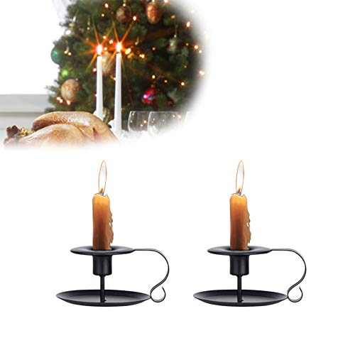 HOTLIKE Candelabro, 2Pcs Portavelas de Una Cabeza con Asa Candelabros de Arte, Diferentes Tamaños Candelabro Decorativos Vintage para San Valentín Navidad Fiesta de Bodas de Halloween Cenas – Negro