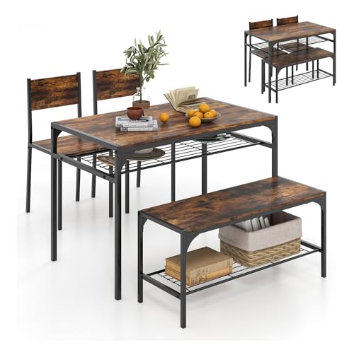 RELAX4LIFE Ensemble Table et Chaises pour 4 Personnes, Table à Manger avec Chaises Encastrables, Table de Cuisine Industrielle avec Cadre Métallique (Marron...