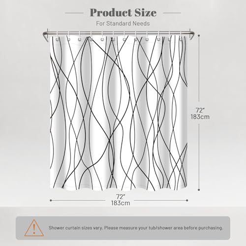 Punkray Striped Shower Curtain with Hooks, Weighted Hem Shower Curtains Water Repellent Machine Washable, White Black, 72" W x 72" L by Punkray - Image 6