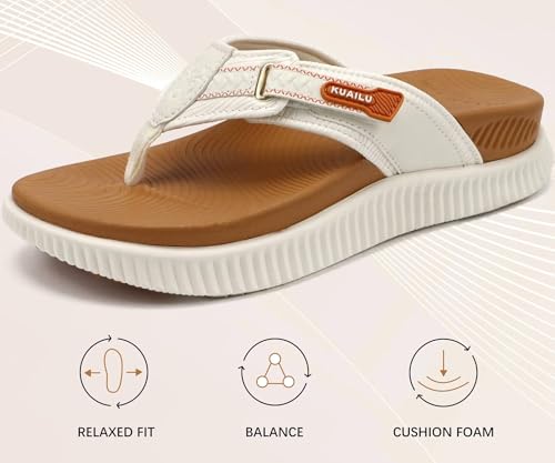 KuaiLu Womens Orthotic Flip Flops with Arch Support Plantar Fasciitis Walking Sandals For Women Ladies Leather Athletic Cushion Recovery Sandals Slip On Indoor Outdoor Summer Casual White Khaki UK 9 - Image 7