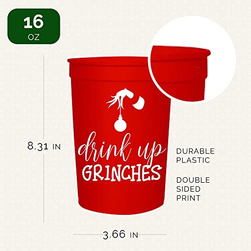 Copos de festa de Natal – Drink Up Grinches – Conjunto de 12 copos de estádio vermelhos e brancos de