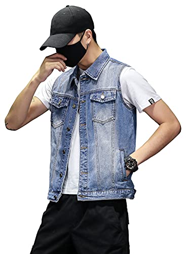 David.ann Mens Denim Vest Jacket Sleeveless Trucker Jean Jacket,Blue,Large #TOP3