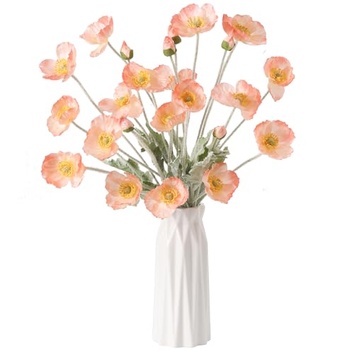DuHouse 6 Pcs Artificial Poppies Flowers Silk Poppy Flowers for Home Table Centerpieces Decoration Office Wedding(Coral)