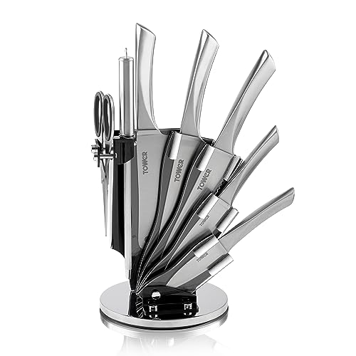 Tower T80709S 7 Piece Knife Set with Rotating Acrylic Knife Block, Stainless Steel, 360-degree Base