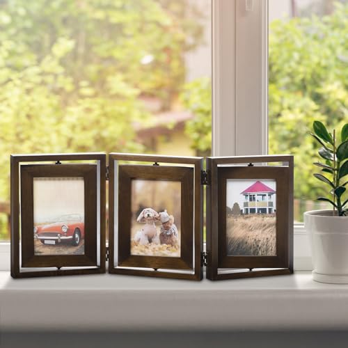 Emfogo 4x6 Picture Frame Rustic Wood Hinged Folding Triple Picture Frames Collage, Double-Sided Display Rotatable High Definition Glass Photo Frame for Home (Walnut) by Emfogo - Image 2