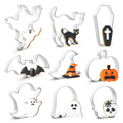 QtoiKce Halloween Cookie Cutters Set,9 Piece Stainless Steel Metal Halloween Cookie Cutters Shapes -...