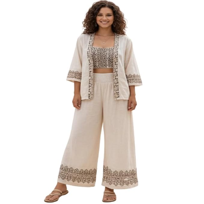 Women's Boho 2-Piece Co-ord Set, Shrug with Kimono Jacket and Wide-Leg Pants, Beige, Ethnic Print-image-23