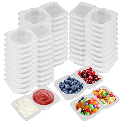 30PCS Double Compartment Condiment Containers, Reusable Snack Pack Containers with Lids, Portable Clear Plastic Snack Pots for Sauce Snacks, Ideal for On-the-Go Meals and Parties