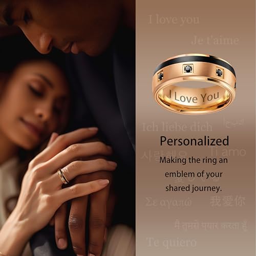 LerchPhi 8MM Mens Wedding Ring, Stylish Black and Rose Gold Tungsten Carbide Promise Ring with Black CZ Stones Pave, Size 10