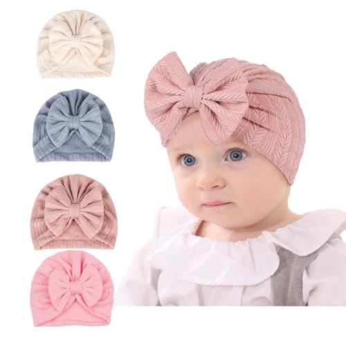 LAOYEFACAI 4 Piezas Lindo Stretchy Suave Grueso Bebé Turbante Sombreros con Arco Donut Knot Nursery Hospital Sombreros Gorros para Bebé Niñas Recién Nacidos Bebés Niños Pequeños