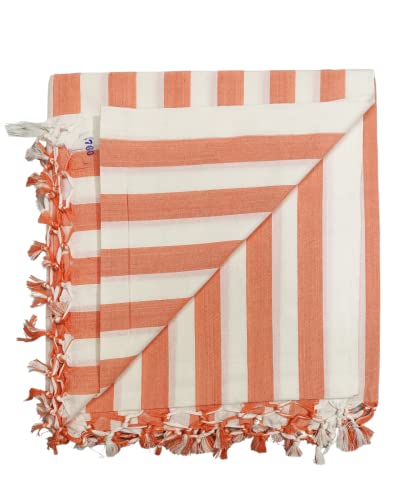 Image of Arvore Bunkaar Pure Handloom 100% Soft Desi Bamboo Viscose Soft Bhagalpuri Andi Chadar /Summer Blanket /Khes /Top Sheet /AC Blanket /Odhne wali Chadar (Orange White, Striped, 1, Bhagalpuri Chadar)