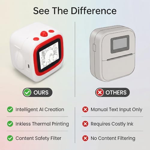 Image of AI Voice Sticker Printer, Smart Thermal Printer with Bluetooth, 2.4 Inch Preview Screen, Inkless Technology, Black and White Print, Custom Plays