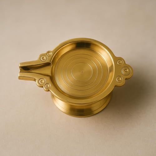 Image of Kerala Crafts Pure Brass Abhishek Patra Tray with PurnaPatra Stand - Mandir Chowki Stool for God Idols |Somasutra Peetam Tirumanjanam Plate for Pooja Rituals - Diwali Pooja Decor (19 x 12 x 9 CM)