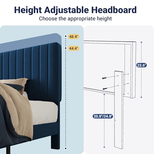 Image of Allewie Twin Bed Frame, Velvet Upholstered Platform Bed with Adjustable Vertical Channel Tufted Headboard, Mattress Foundation with Strong Wooden Slats, Box Spring Optional, Easy Assembly, Navy Blue