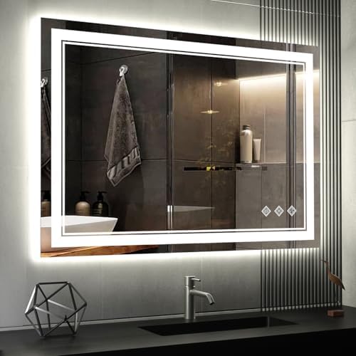 VanPokins Lighted Bathroom Mirror, 40x30 Inch Gradient Front and Backlit LED Bathroom Mirror, 3 Colors Dimmable CRI>90 Double Lights, Enhanced Anti-Fog, Hanging Plates Wall Mount LED Mirror