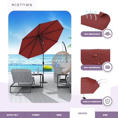 Image of Midtown Umbrellas - 10-Year-No-Fade 10 Ft Patio Umbrella with Terylast Fabric, Auto-Tilt Aluminum Frame and 8 Reinforced Ribs for Deck, Pool, Garden & Beach - Cherry Burgundy Canopy, Black Pole