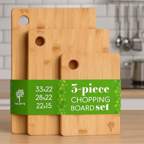 Nicola Spring Extra Thick Wooden Chopping Boards - 3 Piece Bamboo Chopping Board Set - 33x22cm | 28x22cm | 22x15cm - Natural Premium Kitchen Butcher Carving Wood Block Cutting Mat Tray Worktop Saver