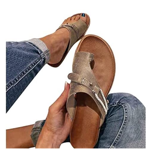 Mimacoo Womens Summer Orthopedic Sandals Toe Separation Shoes Bunion Correction Flat Slipper Casual Sandals Khaki