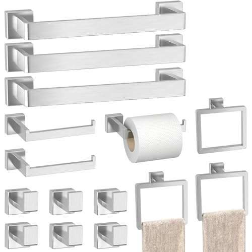 Image of 15-Pieces Brushed Nickel Bathroom Accessories Set, 16 Inch Towel Bar Set | Stainless Steel, Towel Ring, Toilet Paper Holder, Robe Hooks, Towel Racks for Bathroom Wall Mounted, Bathroom Hardware Set