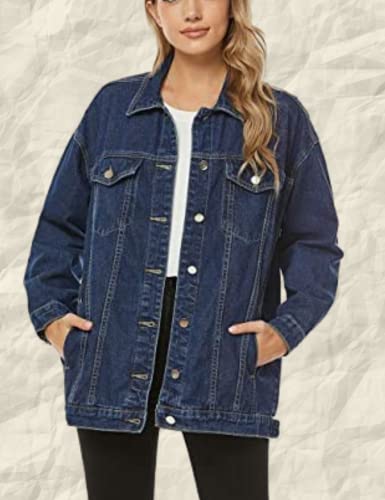Qibabu Women Mid Long Denim Jacket Trucker Biker Oversized Distressed Jean Jackets (0855-Darkblue-L-Qb) #TOP2