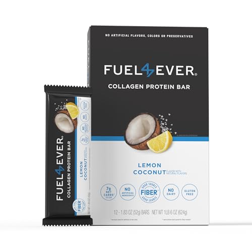 Fuel 4 Ever Collagen Protein Bars | 15G Protein, Gluten Free, Dairy Free, No Stevia or Artificial Ingredients Added, Sweetened with Honey | Lemon Coconut Flavor (Box of 12)