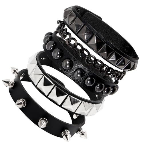 3 Pcs Punk Rock Leather Studded Bracelets for Men Women 80s Gothic Spiked Bracelet Vintage Punk Bracelets Set Emo Accessories for Rocker