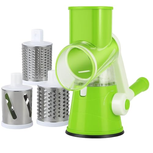 MGM UK Enterprises- Rotary Cheese Grater Vegetable Slicer - Rotary Round Drum Grater Chopper with 3 Stainless Steel Drums Strong Suction Base for Kitchen Faster and Easy Cutting, Rotary Drum Grater