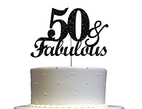 Fabulous & 50 Black Glitter Cake Topper, 50th Birthday Party Decorations Ideas, Premium Quality Decoration, Sturdy Doubled Sided Glitter, Acrylic Stick. Made in USA