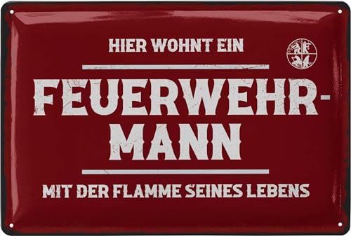 LANOLU Retro Blechschild - Hier wohnt ein Feuerwehrmann mit der Flamme seines Lebens - Feuerwehr Geschenke für Männer, Geschenkideen für Männer, 20x30 cm