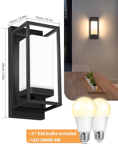 Image of SHIMR Modern Outdoor Wall Light, Black Outdoor Light Fixture with LED Bulb Included, E26 Base, Waterproof Exterior Sconce for Porch Garage Front Door