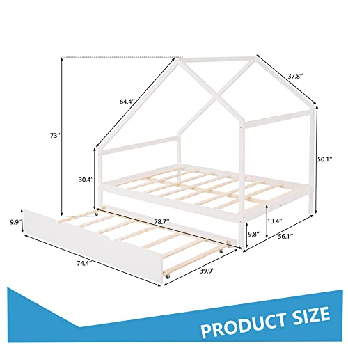 Full Size Wooden House Bed With Twin Size Trundle, House Bed Wood Bed Frame Full Size With Roof For Kids Teens Boys Girls, No Box Spring Needed, White #TOP1