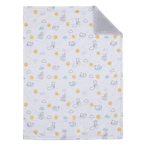 Couverture bébé Winnie l'ourson en velboa et sherpa jaune et turquoise