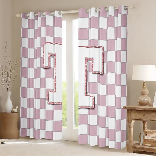 Image of Erosebridal Pink Initial T Blackout Curtains for Kids Girls Bedroom Kawaii Plaid Checkered Window Curtains 2 Panels 38 inchWx45 inchL Cute Personalized Monogram Drapes,Fashion Grids Gingham Window Treatments