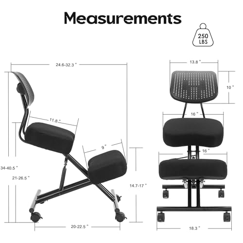Image of Kneeling Chair with Backrest Adjustable Linen Ergonomic Home Office Chair | Improve Posture Chair with Brake Rolling Wheels Thick Cushion Work Stool Back Pain Relief