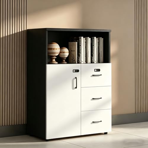 HSHBDDM File Cabinet with Password Lock, Wood Lateral Filing Cabinet for Letter/A4 Files, 3 Drawer with Door, Printer Stand with Open Shelves for Home Office