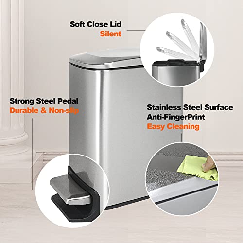 Hompus 6L/1.6Gal Stainless Steel Trash Can With Lid Soft Close, Removable Inner Waste Basket, Slim Small Garbage Can, Step Trash Bin For Bathroom Bedroom Office, Anti-Fingerprint Finish, Silver #TOP3