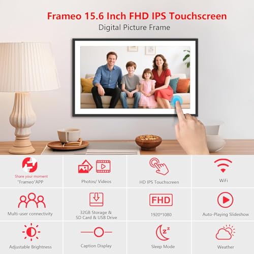 Image of 15.6 Inch Large Digital Photo Frame, Digital Picture Frame WiFi, IPS HD Touch Screen 32GB Storage Photo Frame with Auto-Rotate Instant Share Photo /Video Sharing via Frameo App, Gift for Mom
