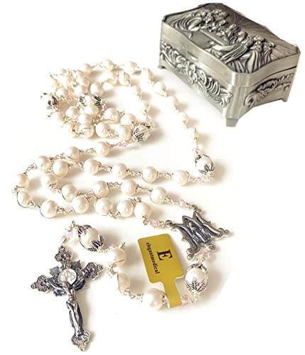 Elegantmedical Handmade Sterling Silver White Pearl Beads Catholic Rosary Necklace Cross Crucifix Gift Box #TOP6