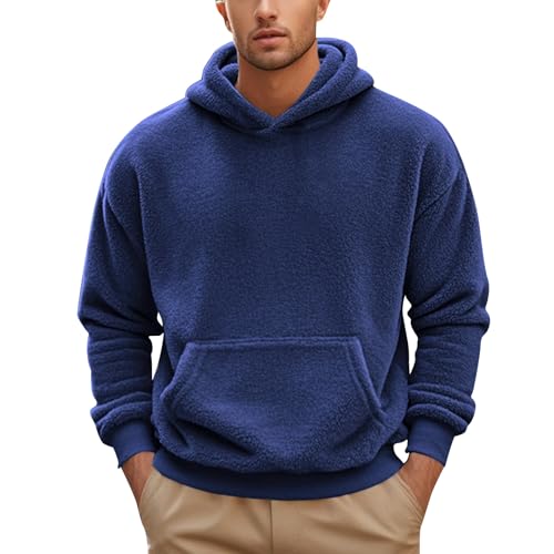 Men Fuzzy Sherpa Hoodie Long Sleeve Fall Winter Fashion Hooded Sweatshirts Solid Thick Fleece Pullover with Pocket