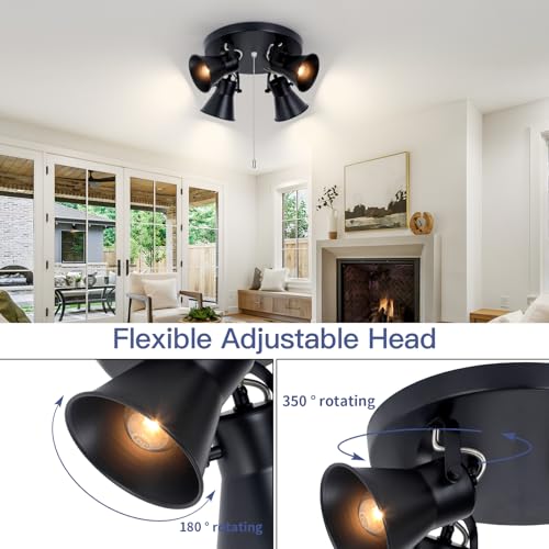 Image of 4-Light Industrial Track Lighting with Pull Chain On /Off Switch, Adjustable Round Kitchen Ceiling Light, Morden Black Flush Mount Directional Light for Kitchen, Hallway, Dining Room.