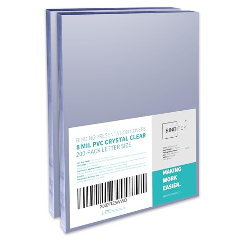 Binditek 200 Pack 8 Mil PVC Clear Binding Covers, 8.5 x 11 Inches, Letter Size, Square Corners, Un-Punched, Office Supplies by Binditek - Used condition - US$23.48