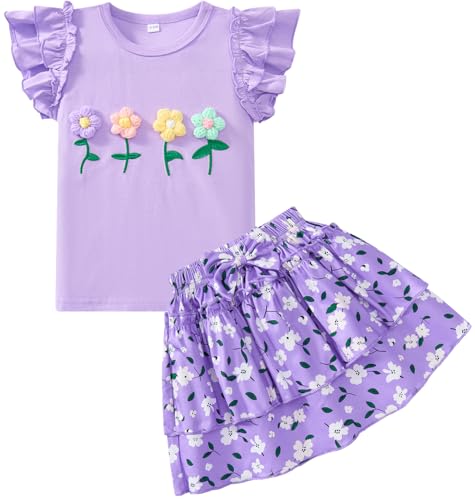 WINPOPLIS Little Girls Skirt Set 2pcs Girls Vacation Skirt Outfit Ditsy Floral Embroidery T-Shirt + Purple Shirred Skirts With Bow Spring/Summer Clothing Set 7-8 Years 2253