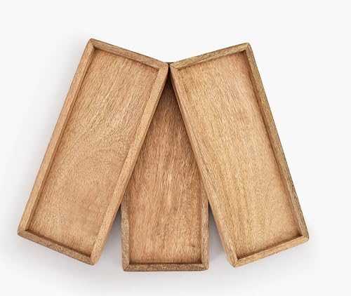 Image of Wooden Tray Set of 3 for Serving | Natural Wood Rectangular Trays for Kitchen, Dining, Coffee Table & Home Decor | Handcrafted Trays for Tea, Coffee