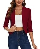 LADI TREND Wine Red Cropped Blazers for Women 3/4 Ruched Sleeve Casual Blazer Jacket Work Office Crop Bolero Cardigan Tailored Outfit, M