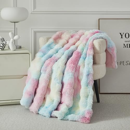 Manta de piel sintética de forro polar con burbujas Casa Carina, manta de felpa súper suave y esponjosa, acogedora y gruesa para sofá, silla, cama, 160 x 200 cm, arcoíris