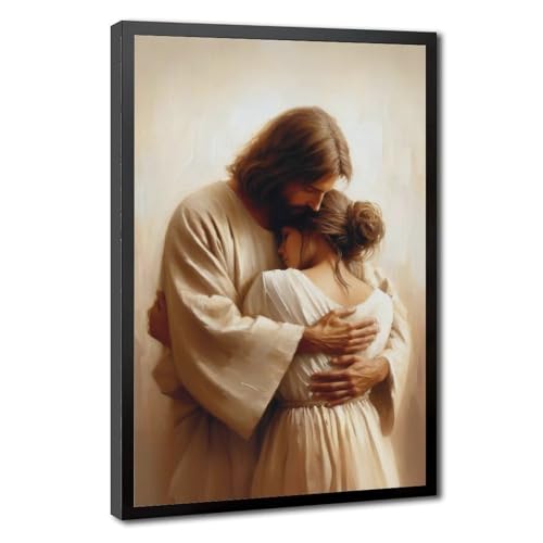 Modern Black Framed Jesus Embracing Girl Religious Canvas Art Poster