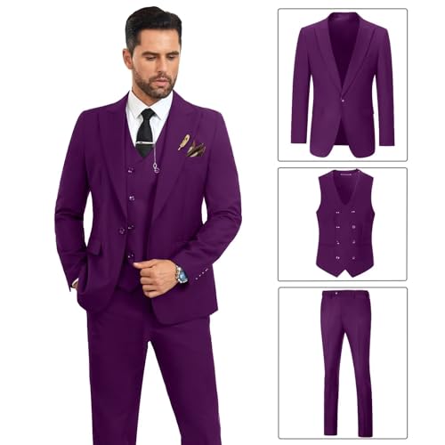 Image of Mens Suit Slim Fit 3 Piece Double Breasted Suit Men Formal Tuxedo Set Casual Wedding Prom Groom Suits