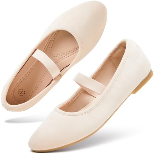 hash bubbie Women's Black Flats Shoes Suede Mary Janes Ballet Flats Memory Foam Comfortable Dress Shoes (Beige,US9.5)