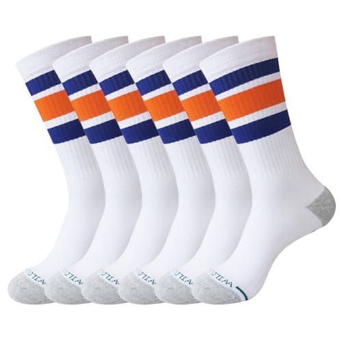 Calcetines deportivos largos unisex, estilo retro con franjas, para baloncesto, fútbol, tenis, pádel, running y entrenamiento, 3 Pares (FR/ES, Letras, Talla única, Regular, Regular, Azul Naranja)